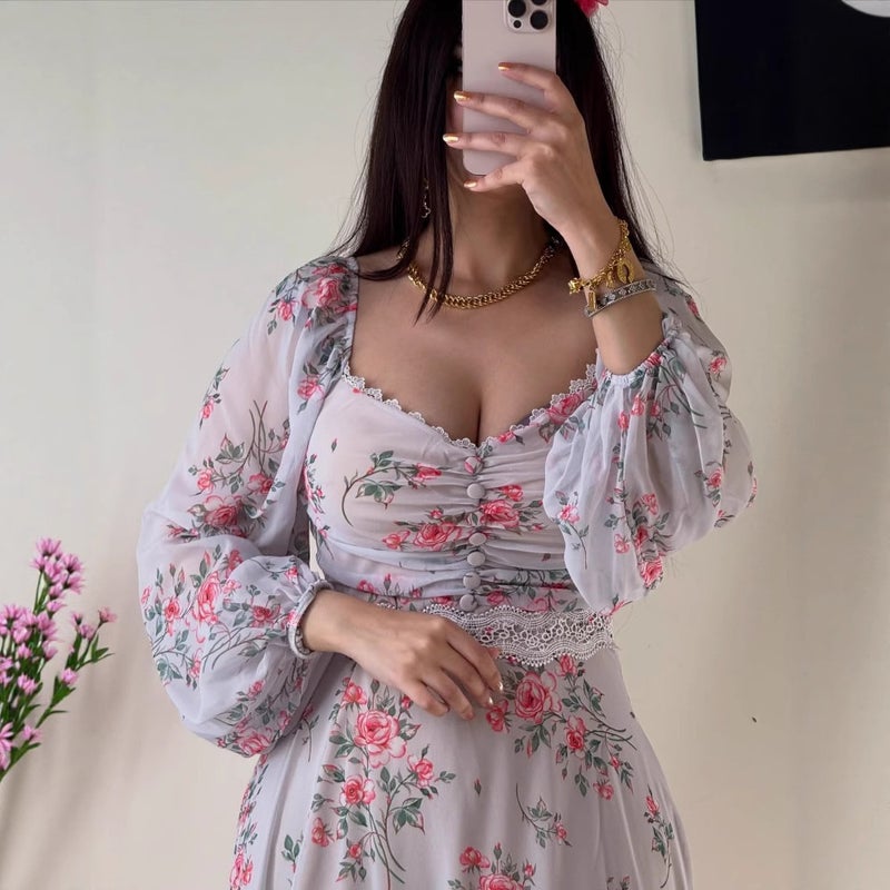 2025 Spring And Women'S Clothing Independent Station Middle East Chiffon Printed Lace Dress - Image 5